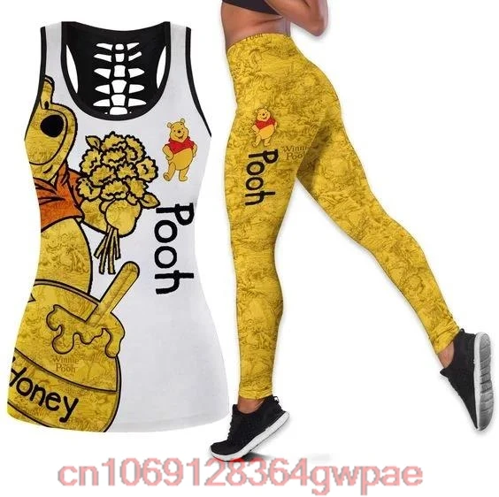 Winnie the Pooh Women\'s Hollow Tanktop Leggings Yoga Set Summer Fitness Leggings Tracksuit Disney Cutout Tank Top Leggings Set