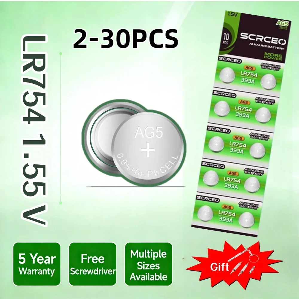 1.55V AG5 LR754 Button Batteries SR754 193 393 Round Cell Coin Alkaline Battery L754 SR754SW LR48 For Watch Toys Clock