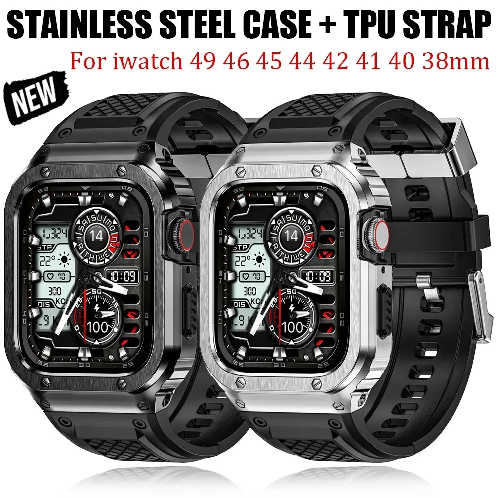 Edelstahlgehäuse + TPU-Armband für Apple Watch Serie 10, 9, 8, 7, 6 SE Ultra Conversion Kit für iwatch 49 46 44 45 42 38 40 41 mm