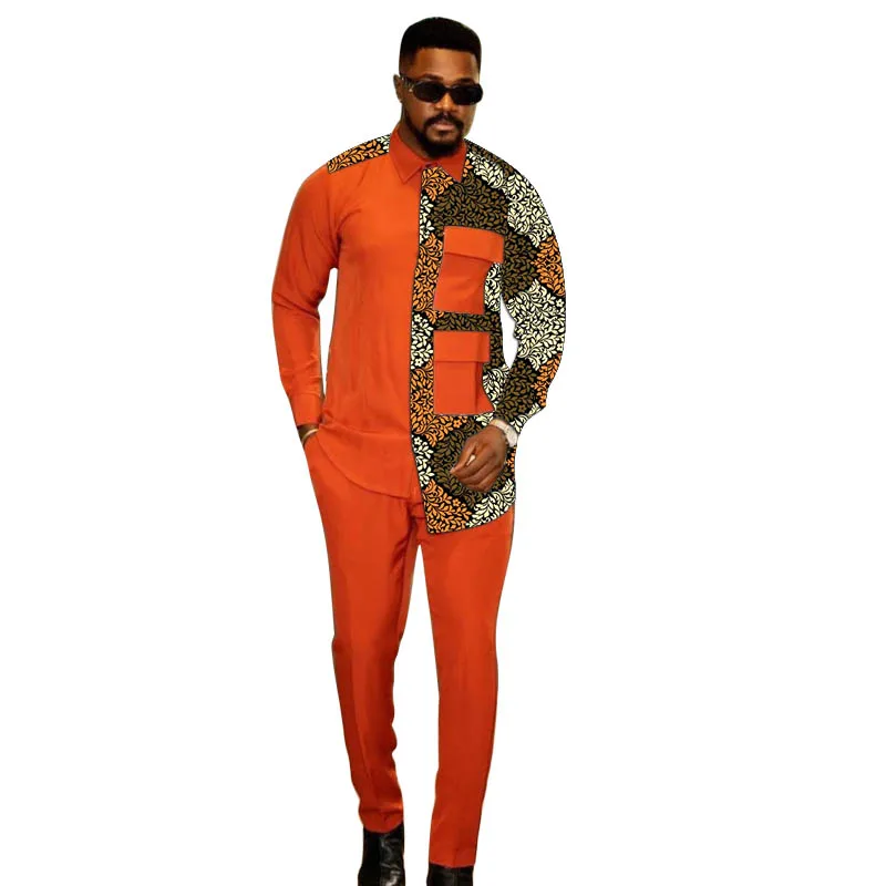 Nigerian Fashion Orange Patchwork Shirt Set With Solid Trousers African Print Couture Party Wedding Suit Male Outfit