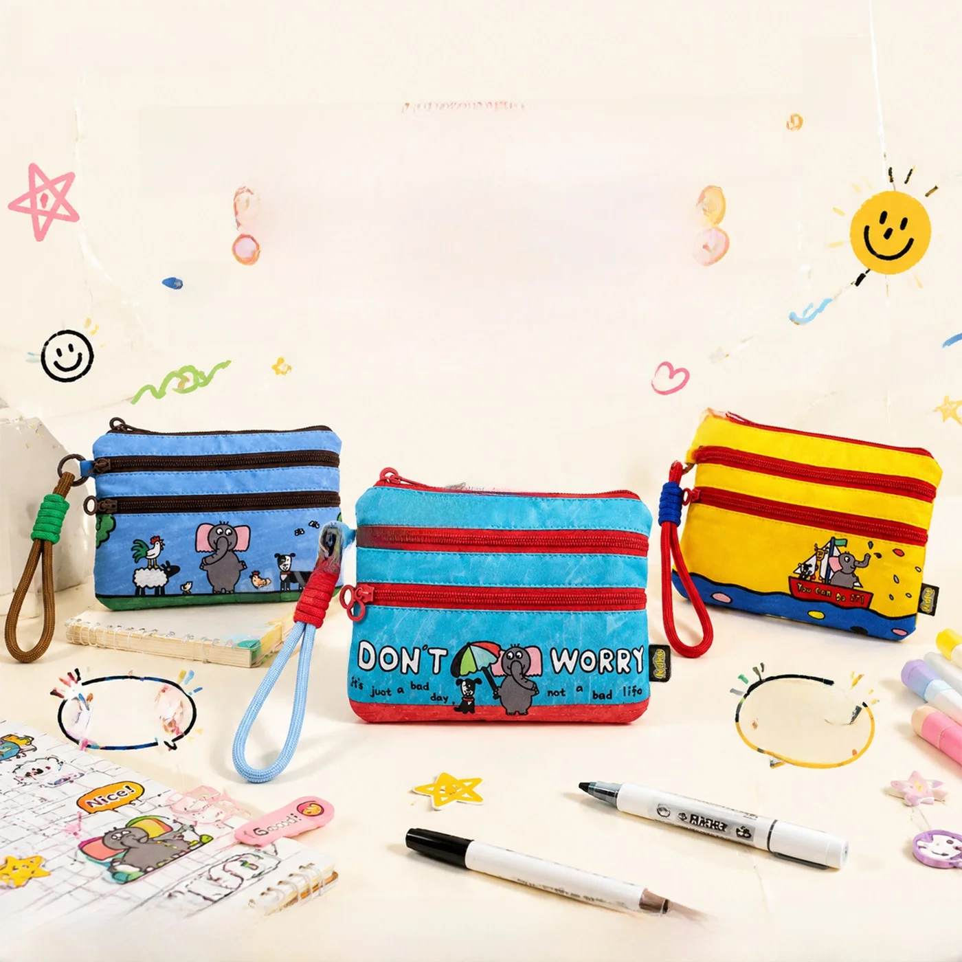 Cartoon Elephant Illustration Canvas Coin Purse Multi-Functional Handheld Bag with Three Layers Zipper for Children's Storage