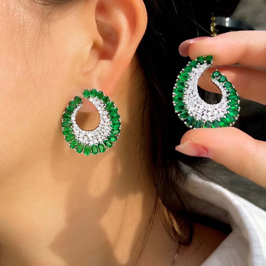 ThreeGraces Elegant Green White Cubic Zirconia Big Statement Stud Earrings for Women 2024 New Trendy Daily Party Jewelry E1825