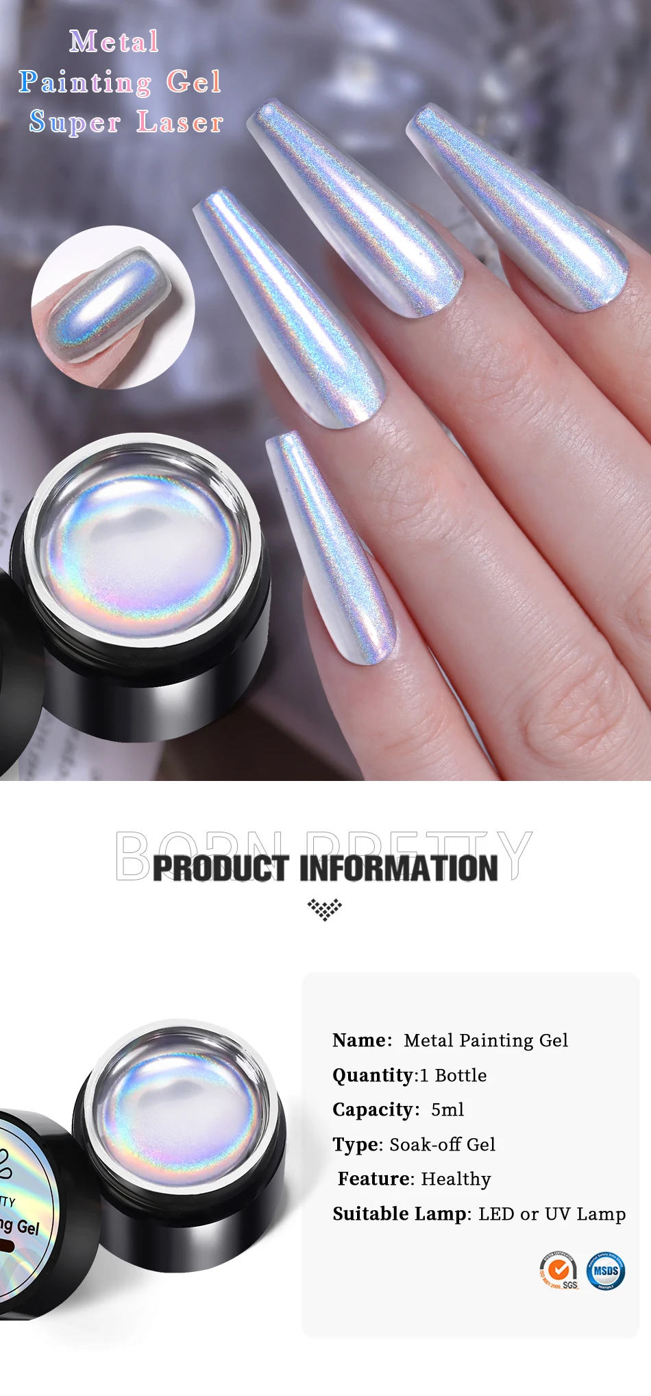 BORN PRETTY 5 ml Super Laser Bright Metallic Painting Gel Soak Off Gel Nagellack Blumenzeichnung Silber Spiegel Glitzer UV Gel – Detail 1