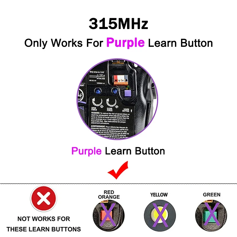 371LM  Remote Control 315MHz Purple Learn Button 950D 953D 956D Garage Door Opener