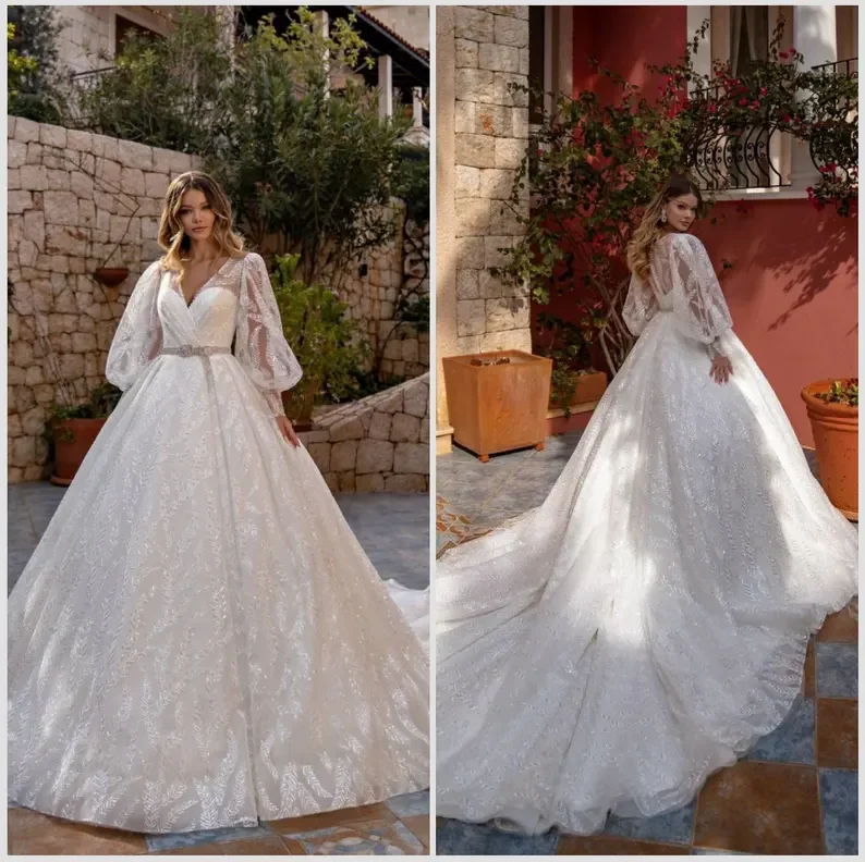 

Luxury Sparkly Lace Puff Sleeve Wedding Dress V Neck Beaded Belt Ball Gown Elegant Bridal Dress With Cathedral Train Customized