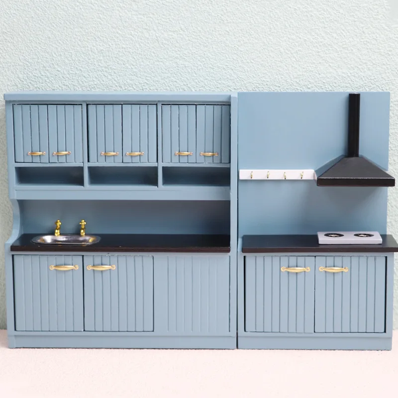 مجموعة مطبخ بيت الدمى بمقياس 1:12 - أثاث مصغر حديث مع خزانة على سطح الطاولة، نموذج طعام للعب