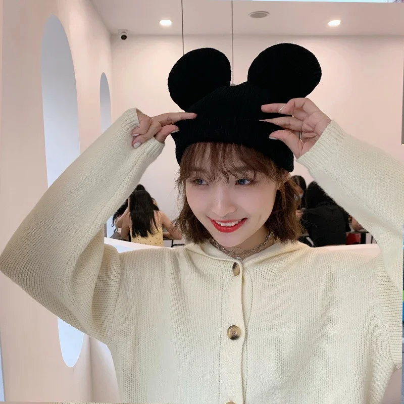 Cute Disney Big Ears Mickey Mouse Warm Bonnet Hats Women Cartoon Minnie Knitted Cap Girl Fashion Kids Casual Adult Children Gift