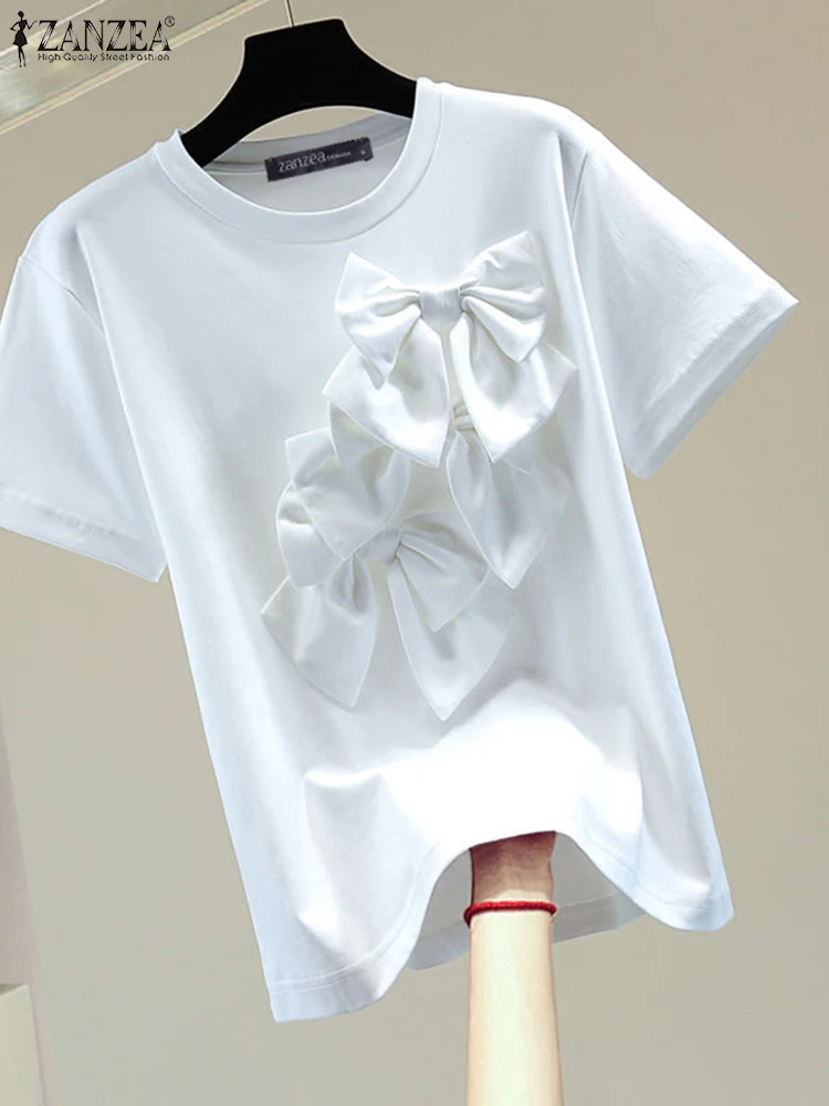 

ZANZEA Casual O Neck T-shirts Fashion Streetwear Loose Daily Tops Short Sleeve Bow Detail 2024 Summer Women Blouse Commute Shirt