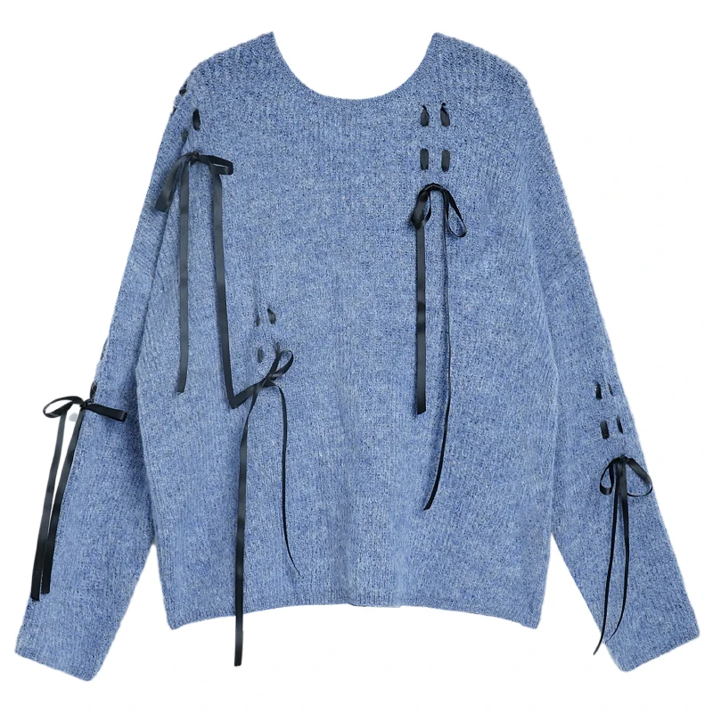 2023 New Autumn And Winter Japanese Style Sweet Cool Gray Blue Lace Bow O-Neck Sweater Loose Sliding All-Matching Knitwear Top