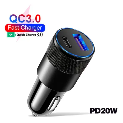 38W 2 Ports Aluminum Alloy Car Super Fast Charger PD20W/QC3.0 Car Cigarette Lighter Adapter for Huawei/iPhone/Samsung/Oppo/Vivo