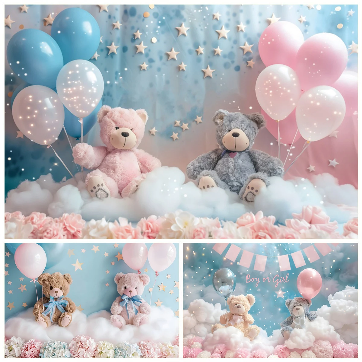 

Newborn 1st Birthday Party Photography Backdrop Pink Blue Balloon Cloud Teddy Bear Baby Shower Cake Smash Photo Background Decor