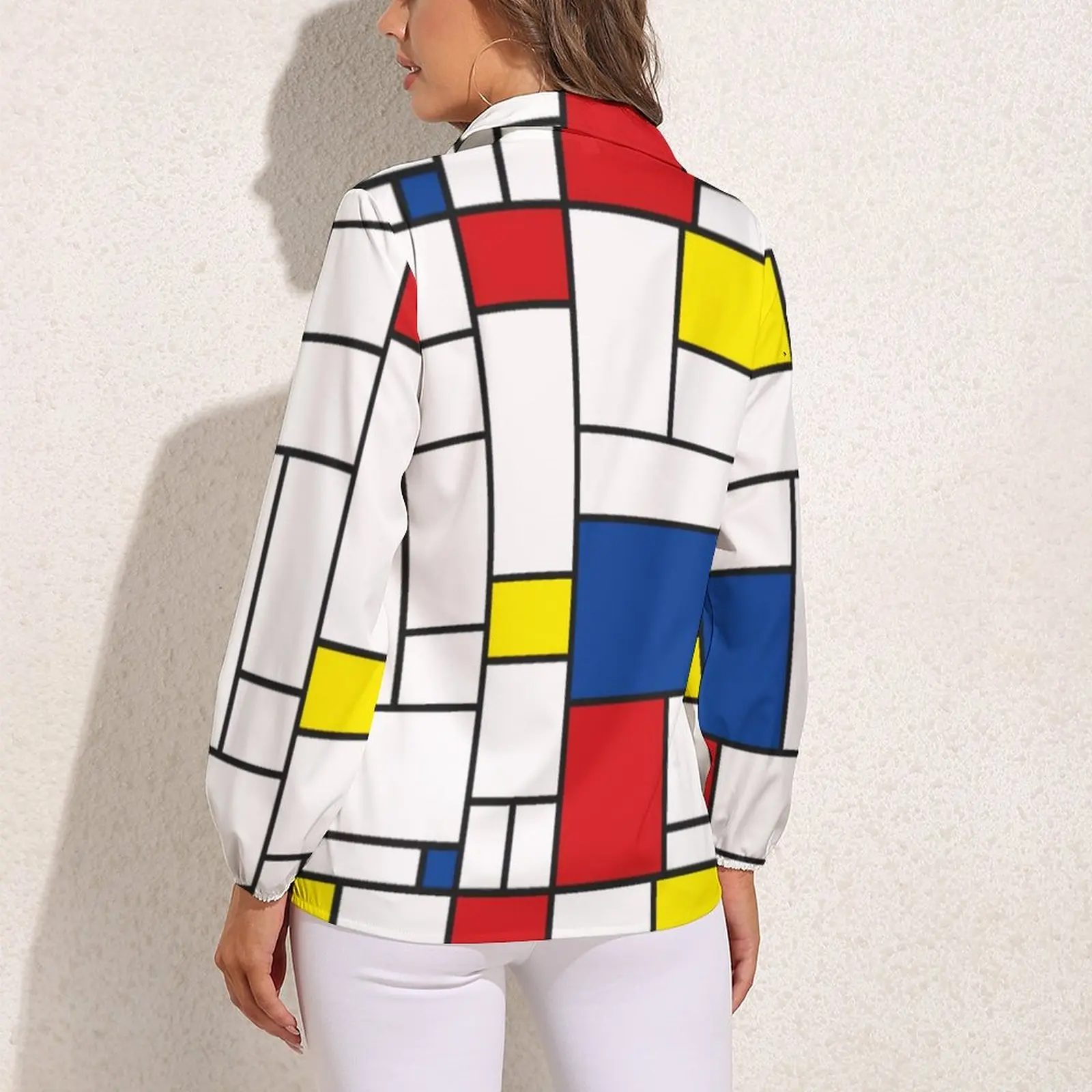 Mondrian Geometry Loose Blouse Modern Art Street Fashion Oversize Blouses Women Long-Sleeve Funny Shirt Autumn Custom Top