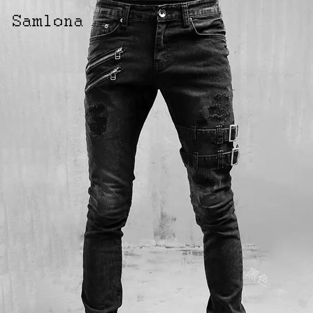 Samlona 2024 European Style Fashion Zipper Pocket Jeans Demin Pants Men Skinny Trouser Plus Size Mens Lace-up Ripped Demin Pants