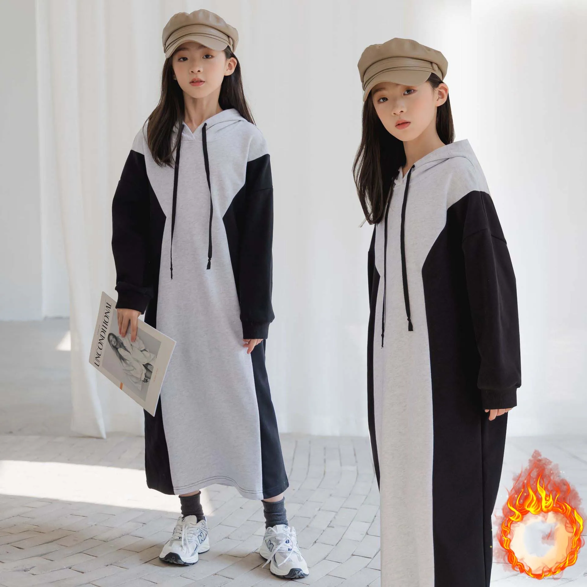 Autumn Winter 2024 Children Girl Thicken Sweatshirt Dress School Girl Hooded Contrast Long Dress Junior Girl Plus Velvet Dress