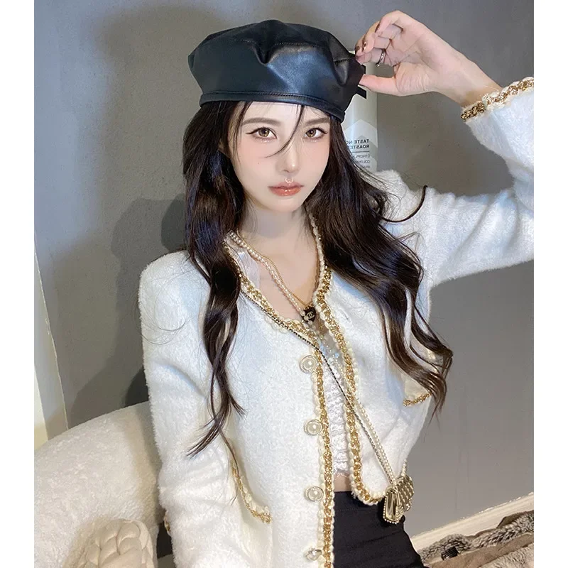 

Women New Fashion Black White Short Woolen Coat O Neck Single Breast Knit Warm Jacket Elegant Lady French Vintage Chic Cardigan