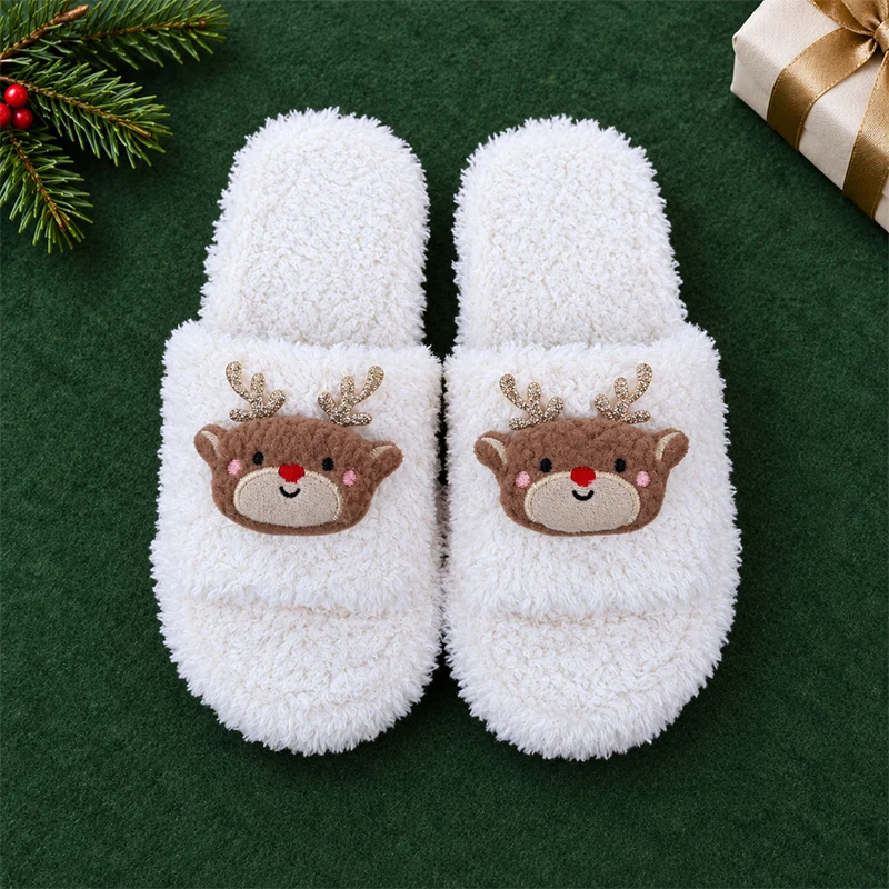 ZUOFU Weihnachts-Plüsch-Hausschuhe für Damen, Herren und Paare, Rentier, Weihnachtsmann, Schneemann, Baum, Glocke, Handschuh, warm, flauschig, rutschfest, für drinnen und zu Hause – Detail 9