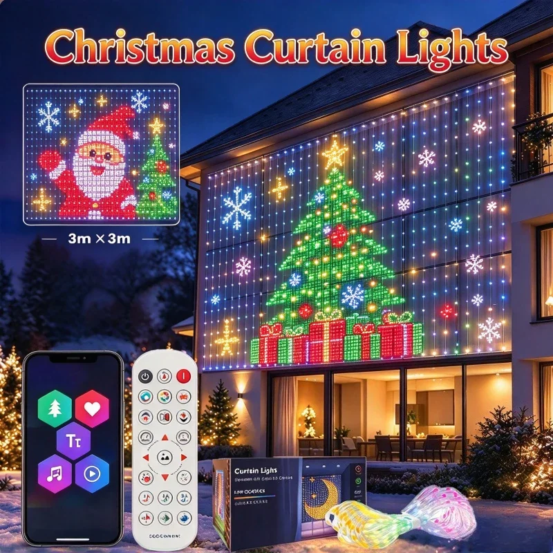 Christmas Curtain Lights 3x3 Smart APP DIY Pixel Santa Tree Patterns Warm White Colorful Glow Lamp for Living Room Bedroom Wall