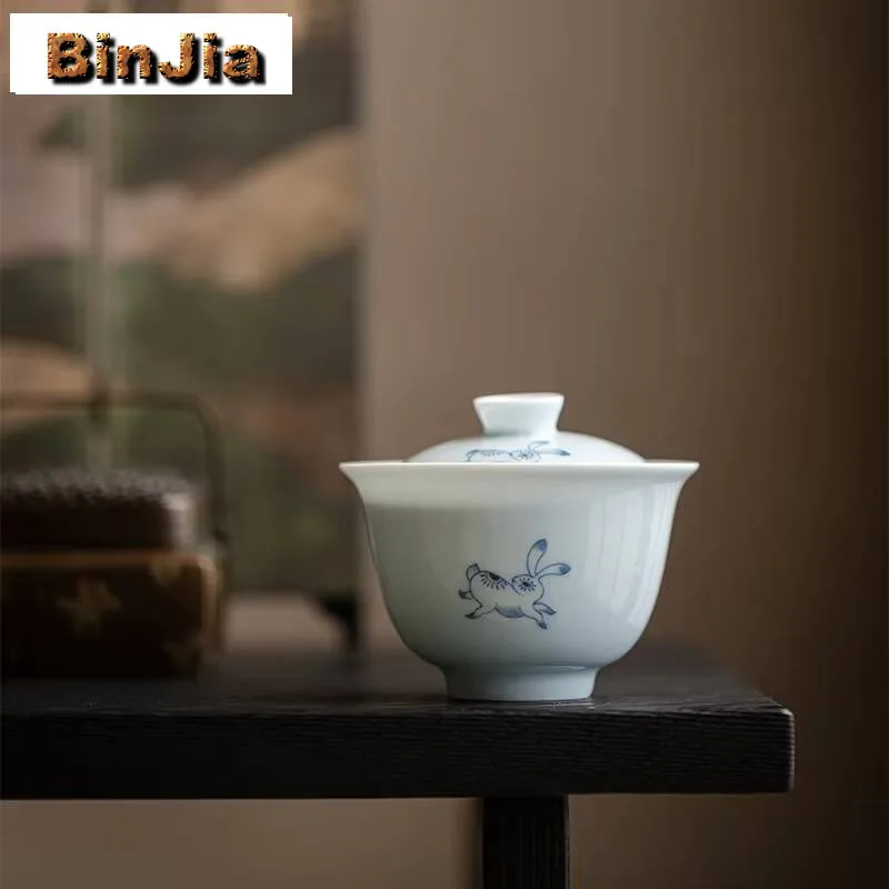 

130ml Hand Drawn Rabbit Tea Bowl Blue And White Anti-scald Cover Gaiwan Tureen Brewing Services Crafts Accessories Supplies