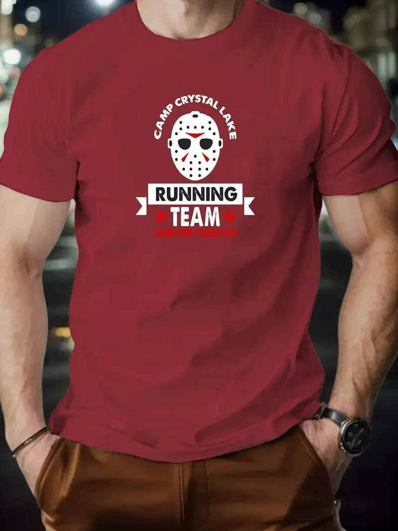 

Men's Summer Casual Cotton T-Shirt with Running Mask Pattern - Round Neck, Short Sleeves, Breathable Fabric