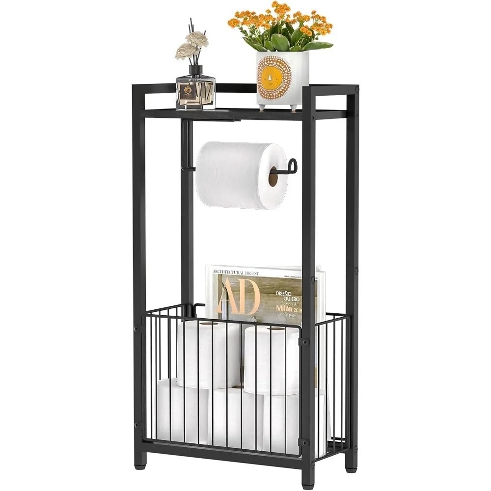

Toilet Paper Holder with Storage Shelf - Freestanding Roll Dispenser for Bathroom, Features Space for Phone, Tablet, and Magazin
