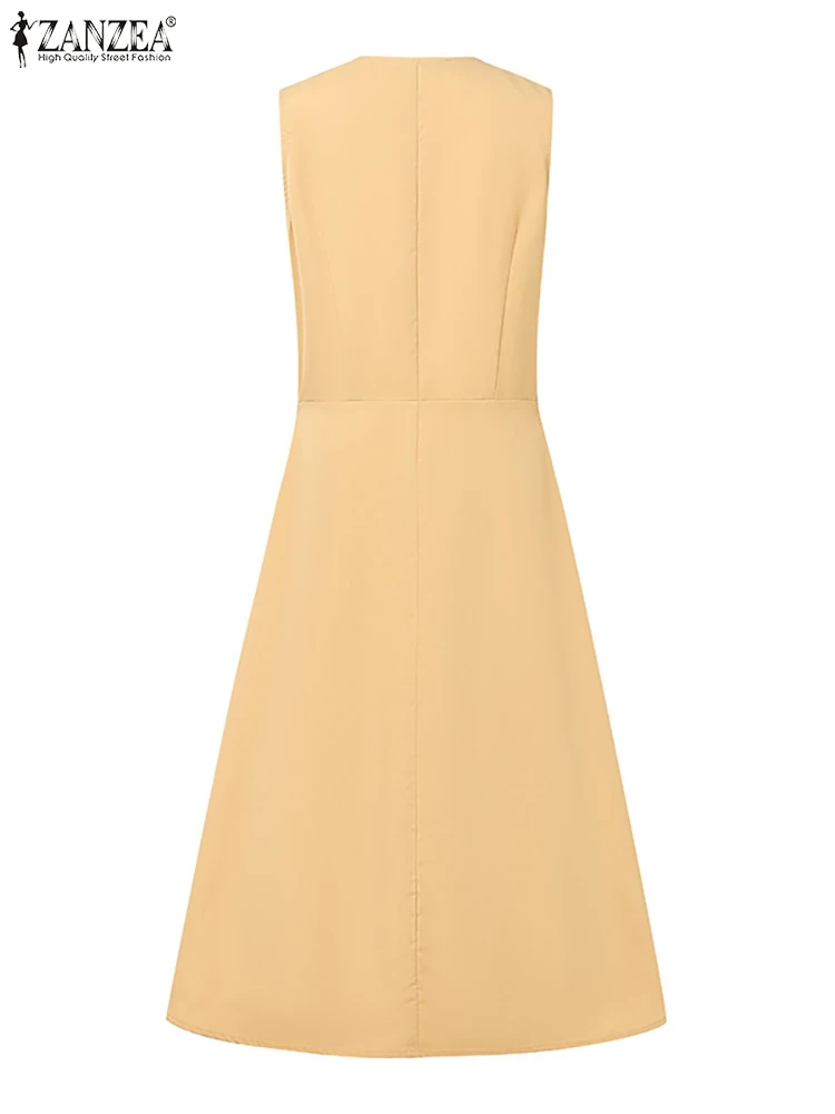 2025 ZANZEA vestido de verano para mujer, vestido veraniego OL de trabajo a la moda, Vestidos elegantes sin mangas con cuello en V, Vestidos de fiesta sólidos, bata Sarafans