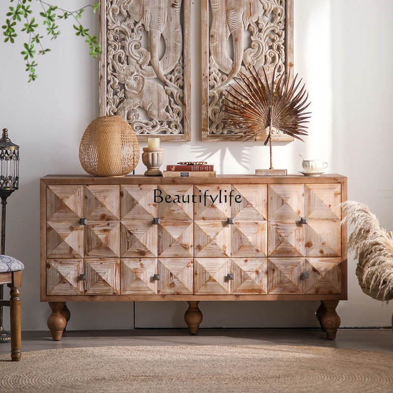 

French retro dining side cabinet wabi-sabi wind living room wall carved decoration storage solid wood entrance cabinet