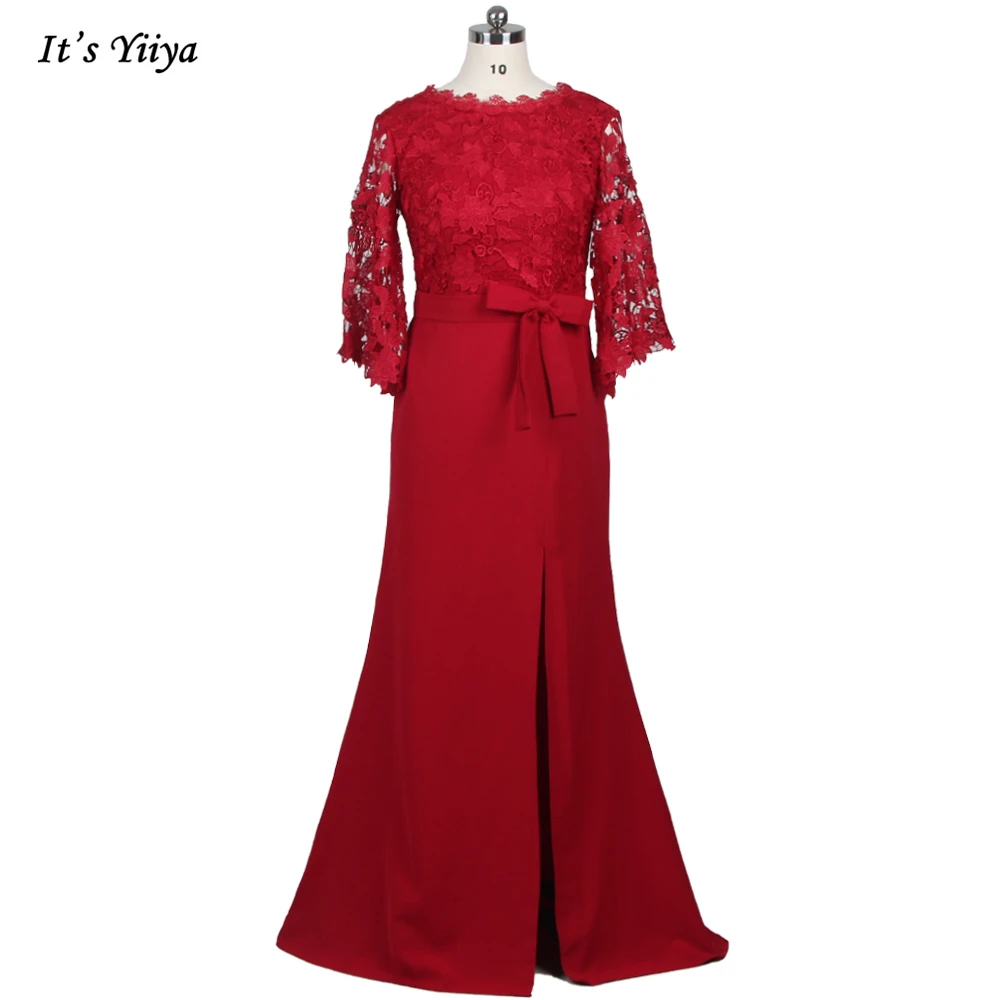 

It's Yiiya Evening Dress Burgundy O-neck Lace Half Sleeves Mermaid Trumpet Floor Length Plus Size Women party Dresses LX3628