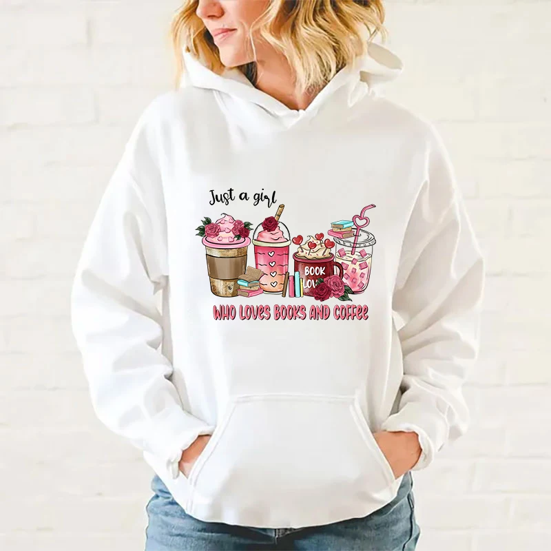 

Valentine'S Day Just A Girl Who Loves Books And Coffee Letter Print Fleece Long Sleeves Hoodie Women'S Crew Neck Pullover