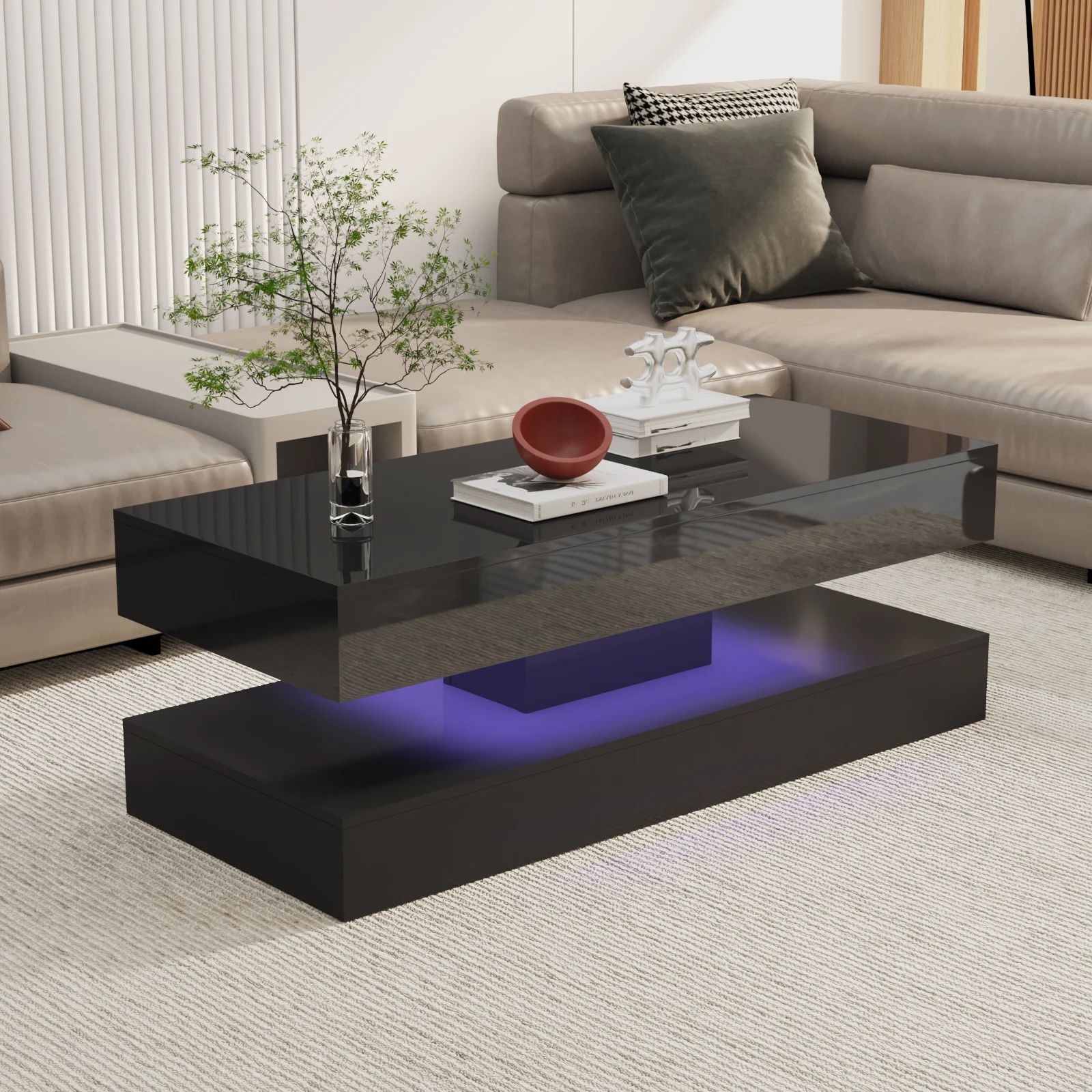 Table basse rectangulaire à LED à 2 niveaux avec 2 égouts de proximité de stockage, table centrale moderne à haute brillance avec 20 lumières LED de couleurs, contrôle par distance