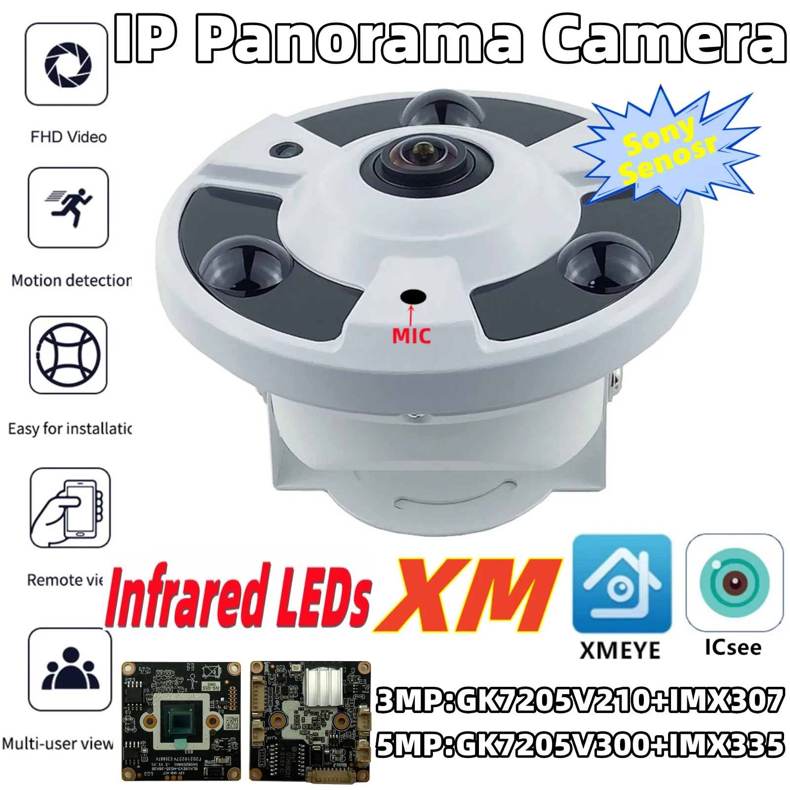 5/3MP Low illumination IMX335+GK7205V300 Panorama IP Metal Dome Camera 1.7mm FishEye IRC P2P Onvif Radiator XMEYE Indoor