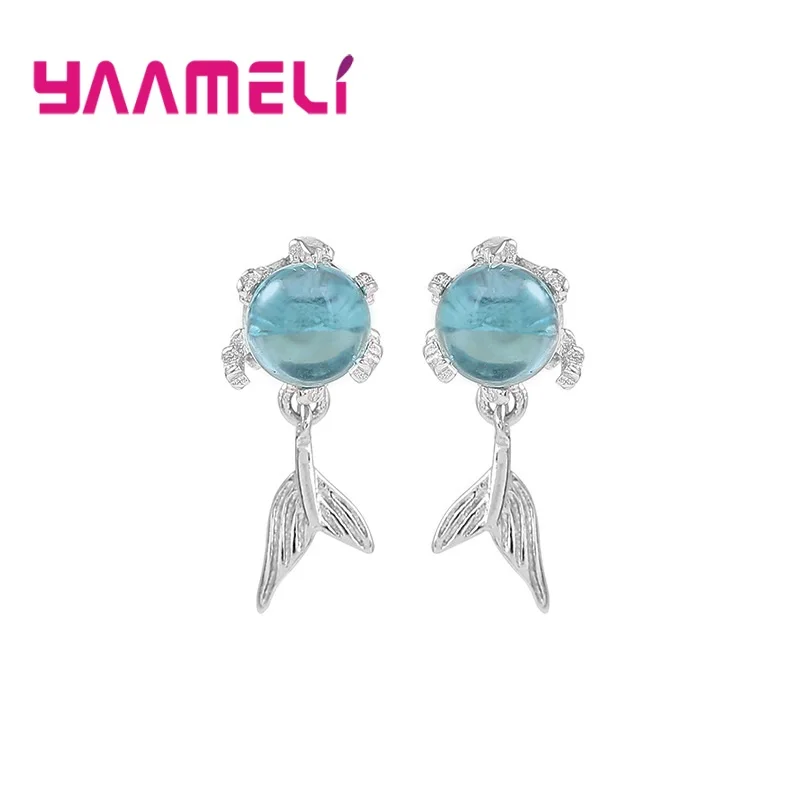 Stylish 925 Sterling Silver Fish Tail Shape Blue Crystal Zircon Stud Earrings For Women Girls Anniversary Party Jewelry Gifts