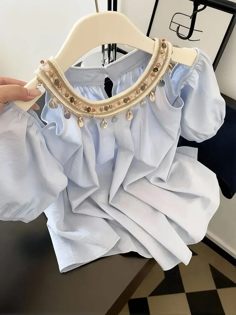 Holiday Beach Blue Summer Off Shoulder Top Women Beaded Embroidery Short Sleeve T Shirt Loose Halter Neck Vintage Casual Tees