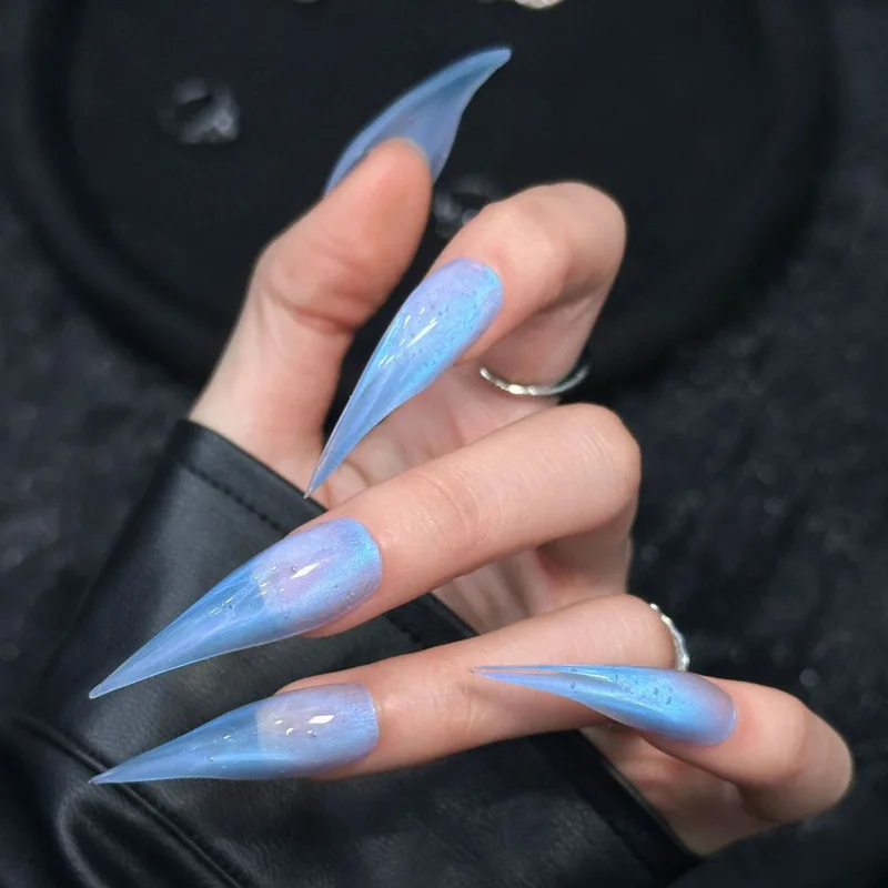 Super Long Curved Stiletto Press On Nails Blue Aurora Cat Eye Fake Nails Extra Sharp Pointed Glossy Handmade Reusable False Nail