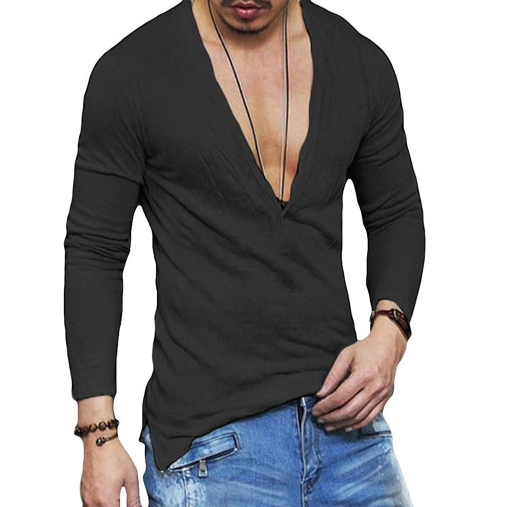 Muscular Appeal Men\\\'s T Shirt Slim Fit Plain Long Sleeves Deep V Neck with Buttons Perfect Wear for Casual or Daily Outfit