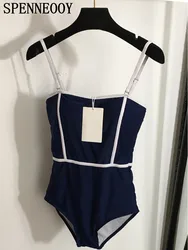 Spenneooy Fashion Designer Summer Beach Style Dark Blue Bodysuit Women's Spaghetti Strap Sexy Backless High Waist Slim Playsuits