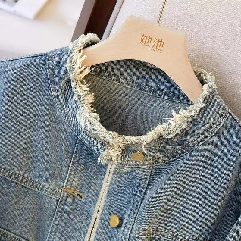 Retro Denim 2026 Spring Autumn New Women's Fashion Frayed Hong Kong Style Loose Short Single Button Coat Polyester Fiber