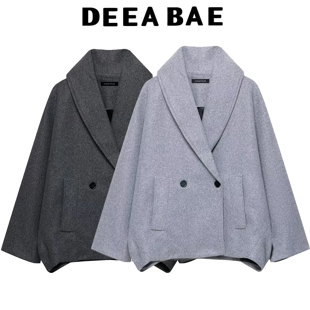 

DEEABAE Autumn Winter New Women's European American Casual Bat Sleeve Flap Collar Mixed Double Row Zipper Coat Jacket