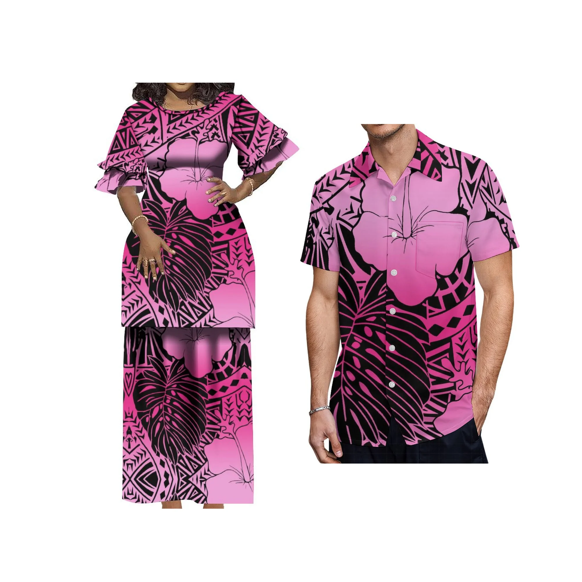 Custom Polynesian Clothing Top And Skirts Women 2 Piece Sets New Arrival Summer Round Neck Petal Sleeve Samoa Puletasi