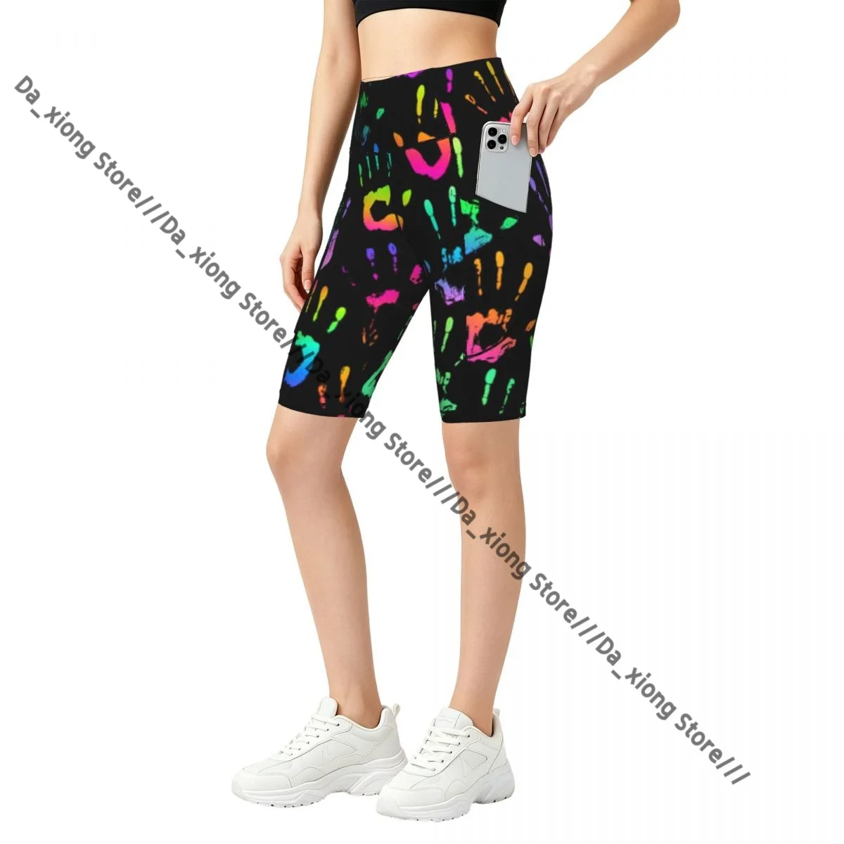 Female Hip Lift Yoga Shorts Rainbow Handprints Daily Wear Fitness Active Pants