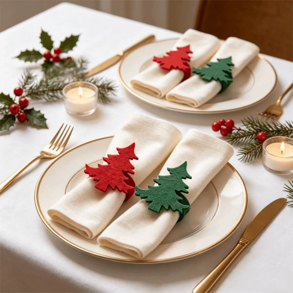 Felt Christmas Five-Pointed Star Napkin Ring Decorative Solid Color Christmas Tree Napkin Holder Reusable Napkin Buckle