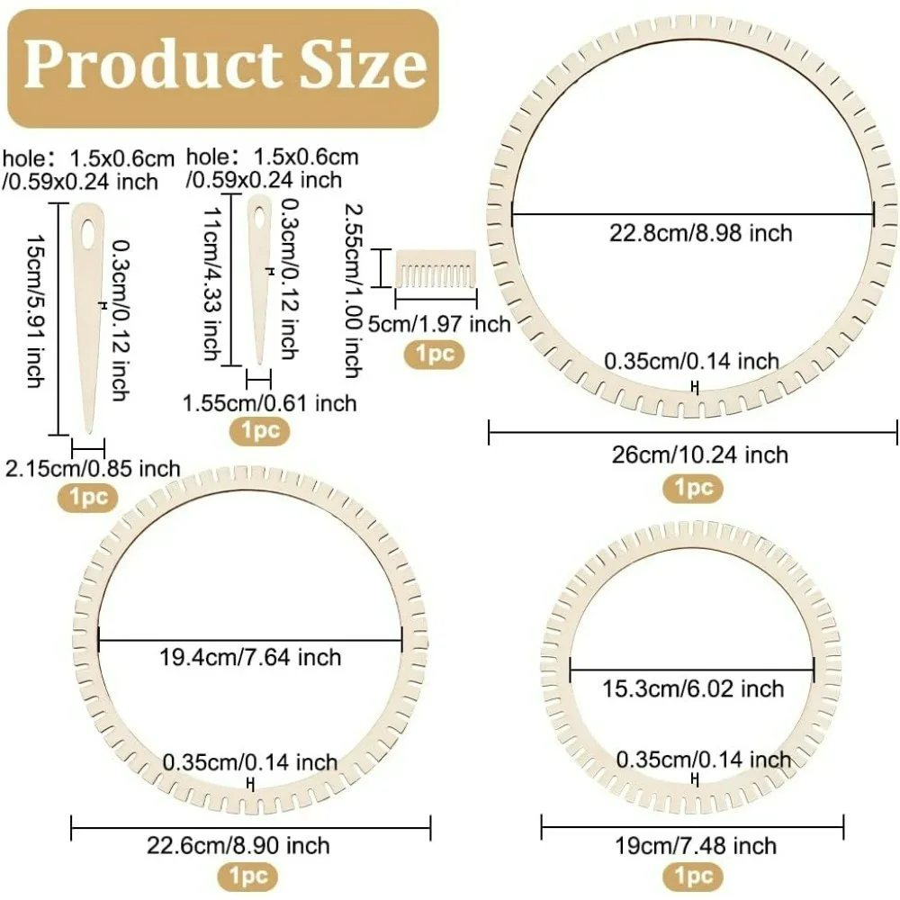 3 Sizes Weaving Looms Kit 7.5/9/10.2 inch Wooden Mini Weaving Looms Gear Shape Weaving Looms Kit with Needle