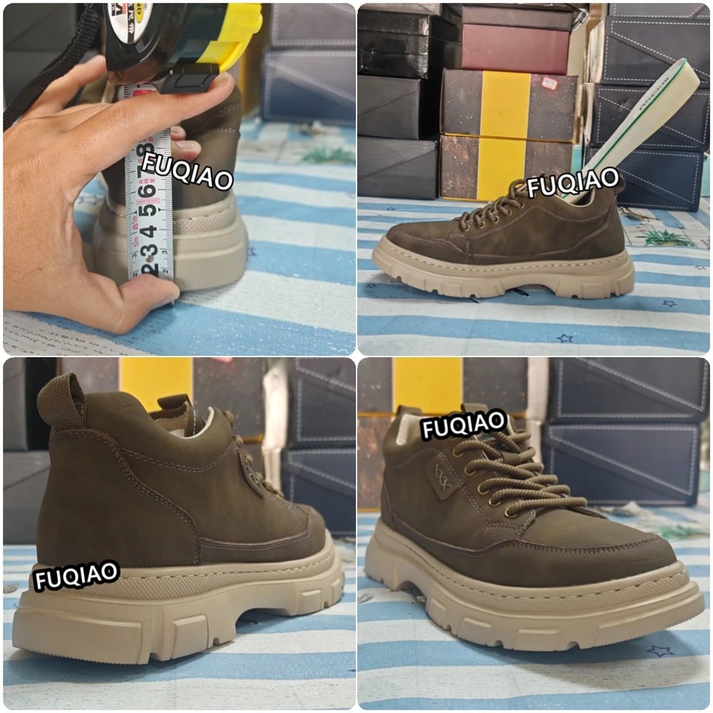 Retro Men Casual Elevator Shoes 6CM Invisible Height Increase Leather Shoes Chunky Sole Fashion Streetwear Daily Walking Footwea