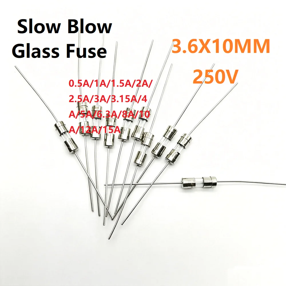 50PCS/BOX 3.6*10 Slow Blow Glass Fuse 250V T0.5A 1A 1.5A 2A 2.5A 3A 3.15A 4A 5A 6.3A 8A 10A 12A 15A