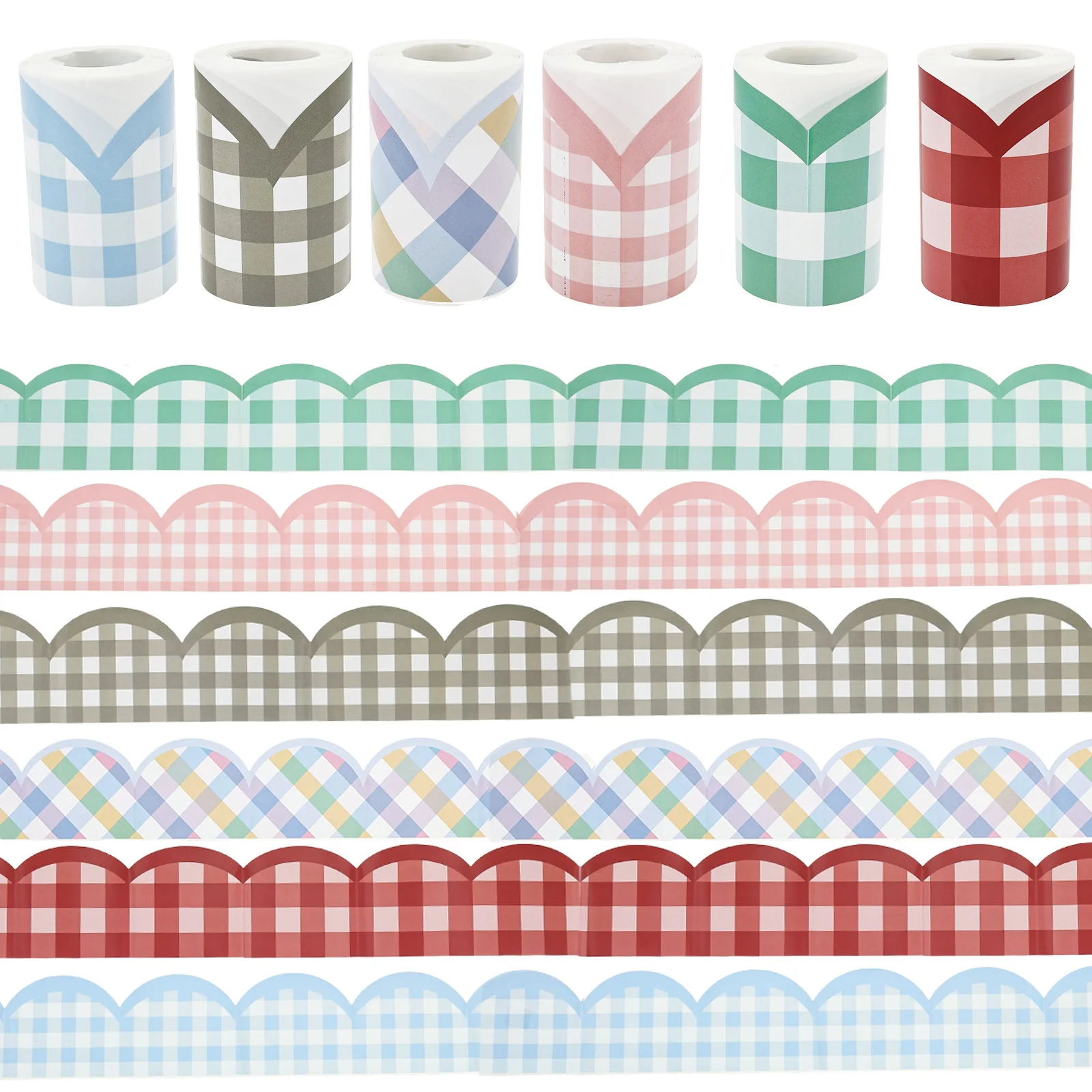 4/6 Rolls Pastel Bulletin Board Border Scalloped Gingham/Patchwork Floral Inspired Border for Reading Corner Door Frame Decor