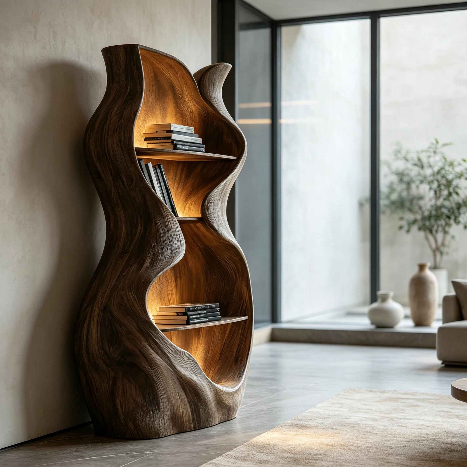 c*-Fiberglass Frame Sculptural Hourglass Bookshelf Warm Built-In LED Wood Textured for Contemporary