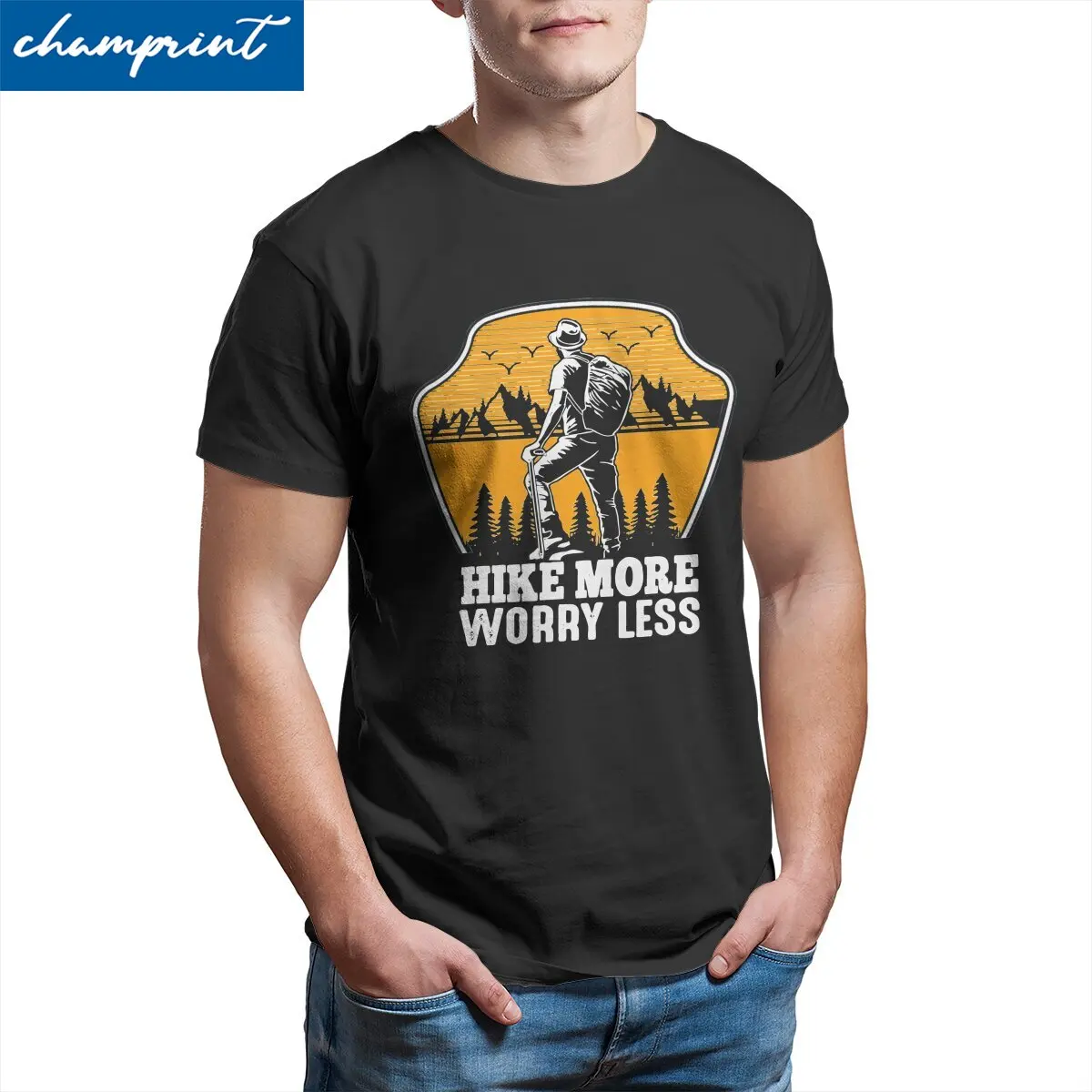 Hike More Worry Less Camping Hiking Men T Shirt  Funny Tees Short Sleeve Crewneck T-Shirt Cotton Printed Tops