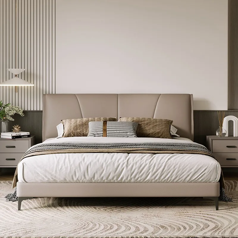 Apartment And Hotel Bedroom Furniture Modern Minimalist Ergonomic Leather Platform Bed Top-Grain Leather Upholstered Frame Bed
