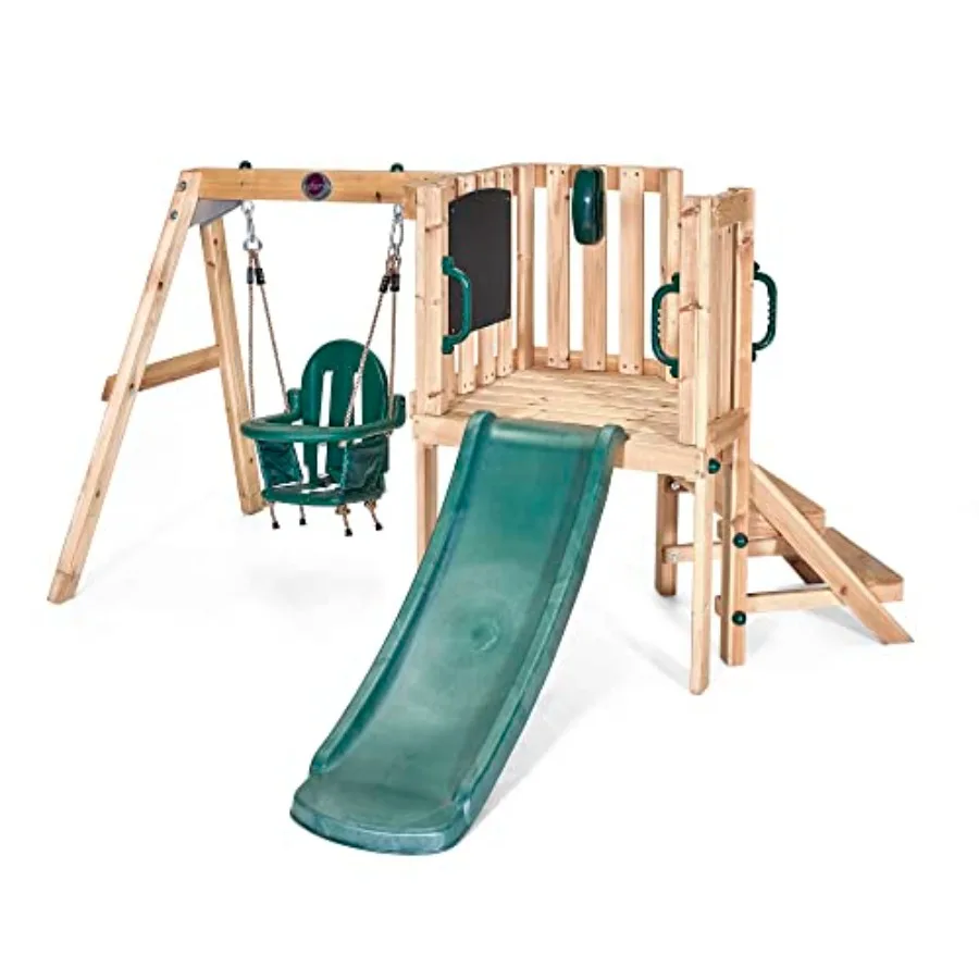

Wooden Toddler Swing Set for Backyard Outdoor Play with Black Swing Seat Slide Fort Climbing Ladder Blackboard Telephone Weathe