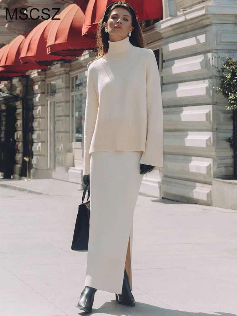 

MSCSZ Turtleneck Sweater And Skirt Set Women Elegant Knit Two Piece Set Autumn Long Sleeve Sweater Sets Winter Co ord