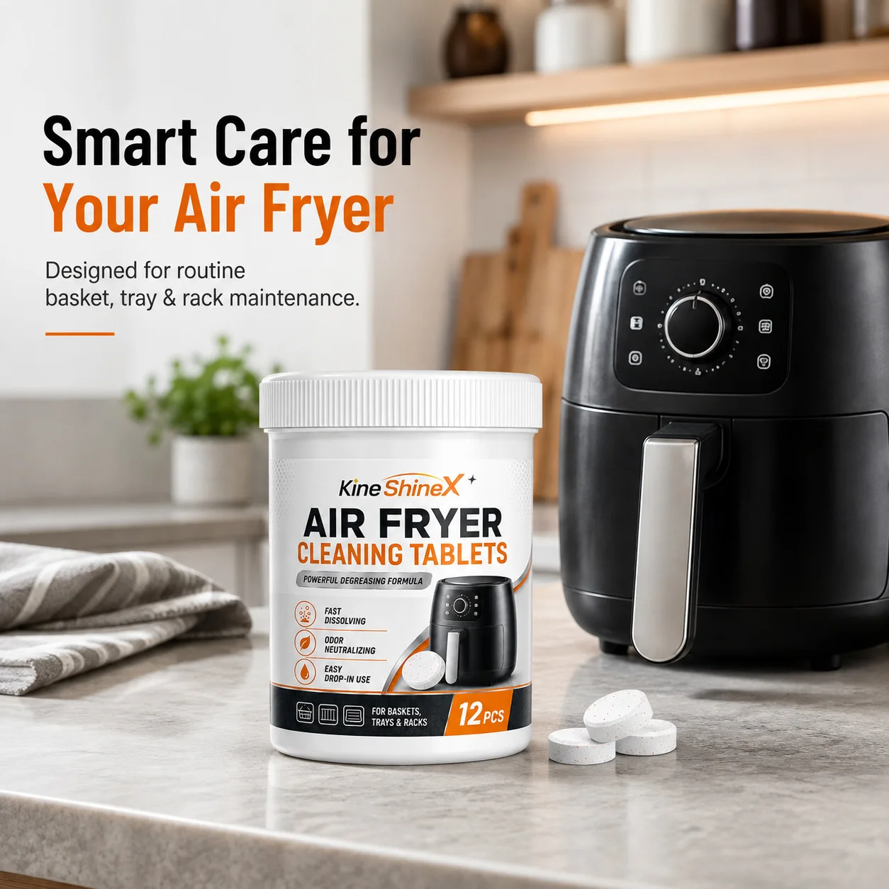 12 PCS Air Fryer Cleaning Tablets, Fast Dissolving Degreaser for Baskets, Trays and Racks, Grease and Odor Control, Kitchen Care
